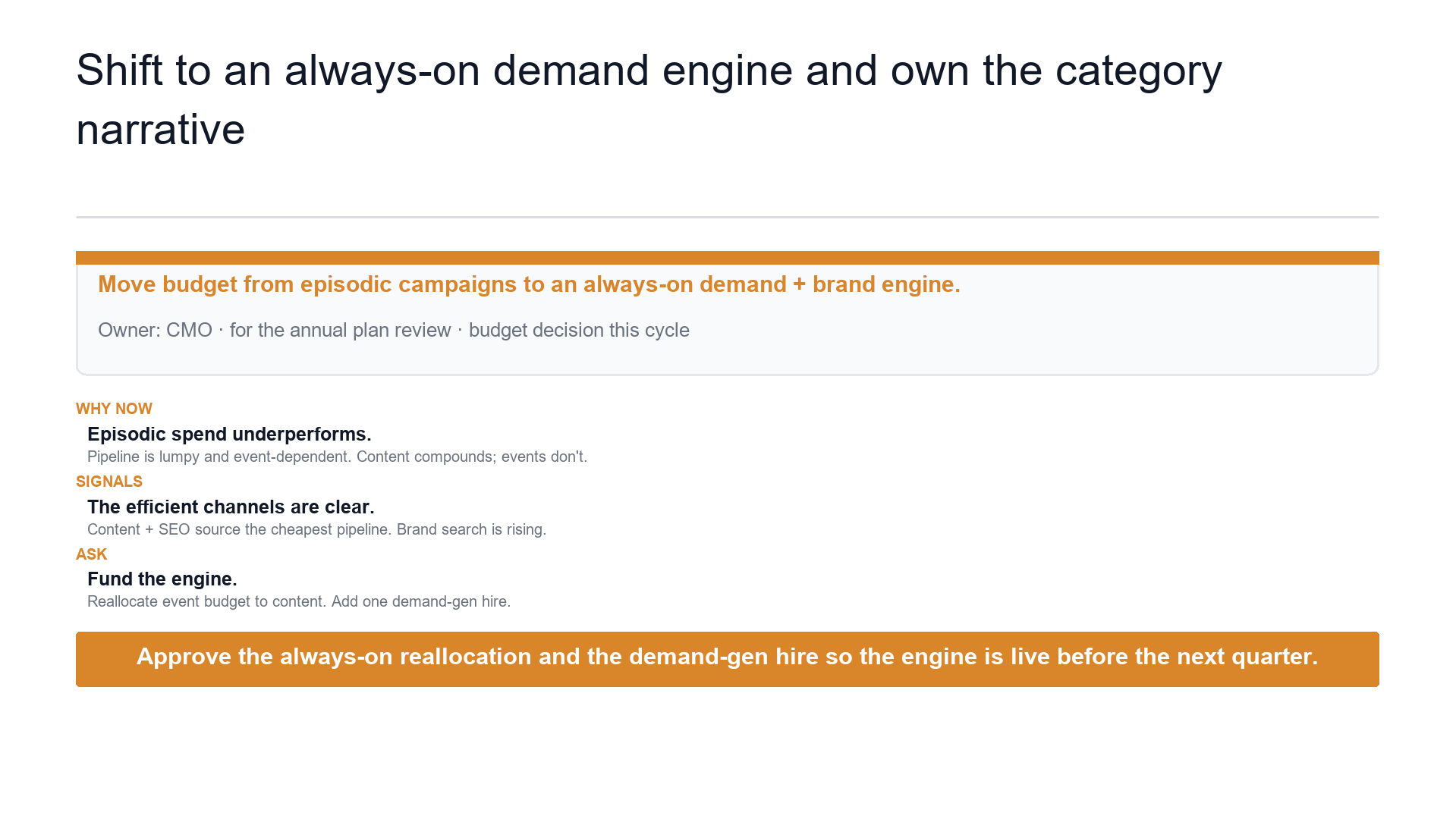 Marketing plan summary — the bet and the ask slide template preview