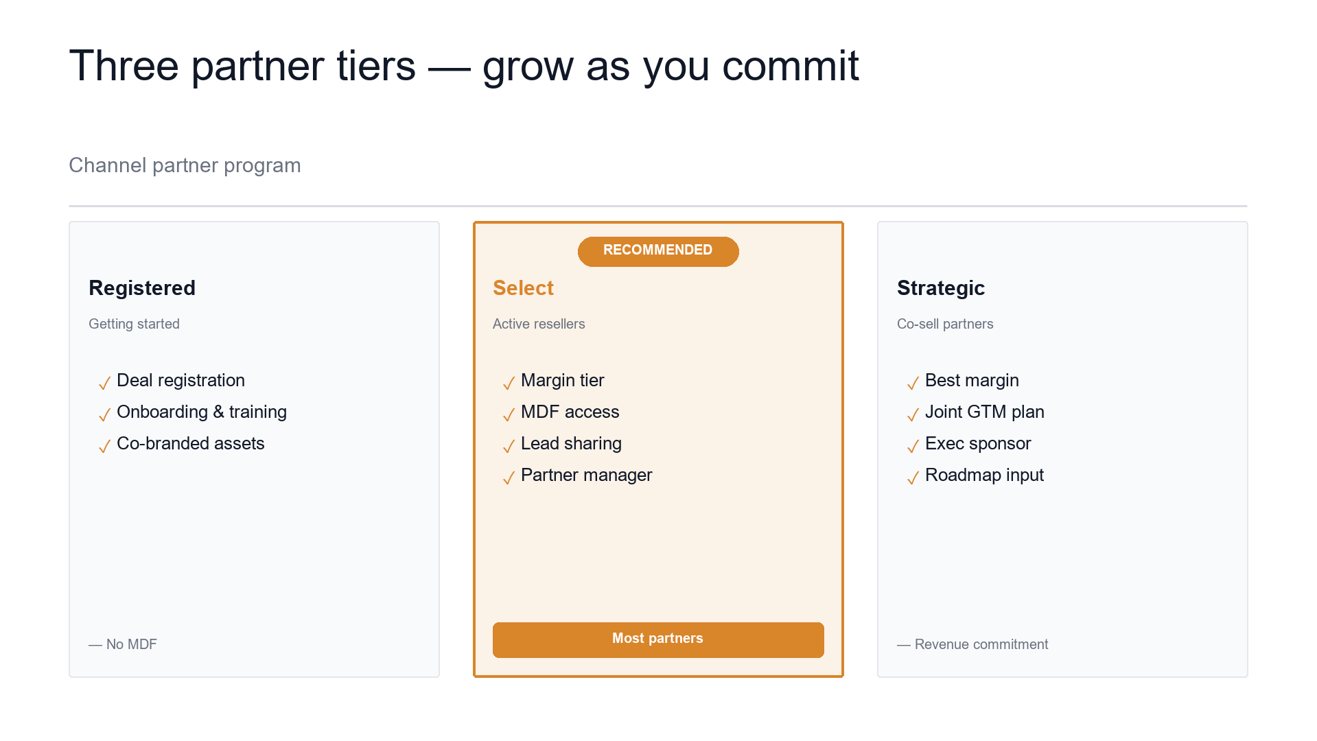 Channel program — partner tiers and what they get slide template preview