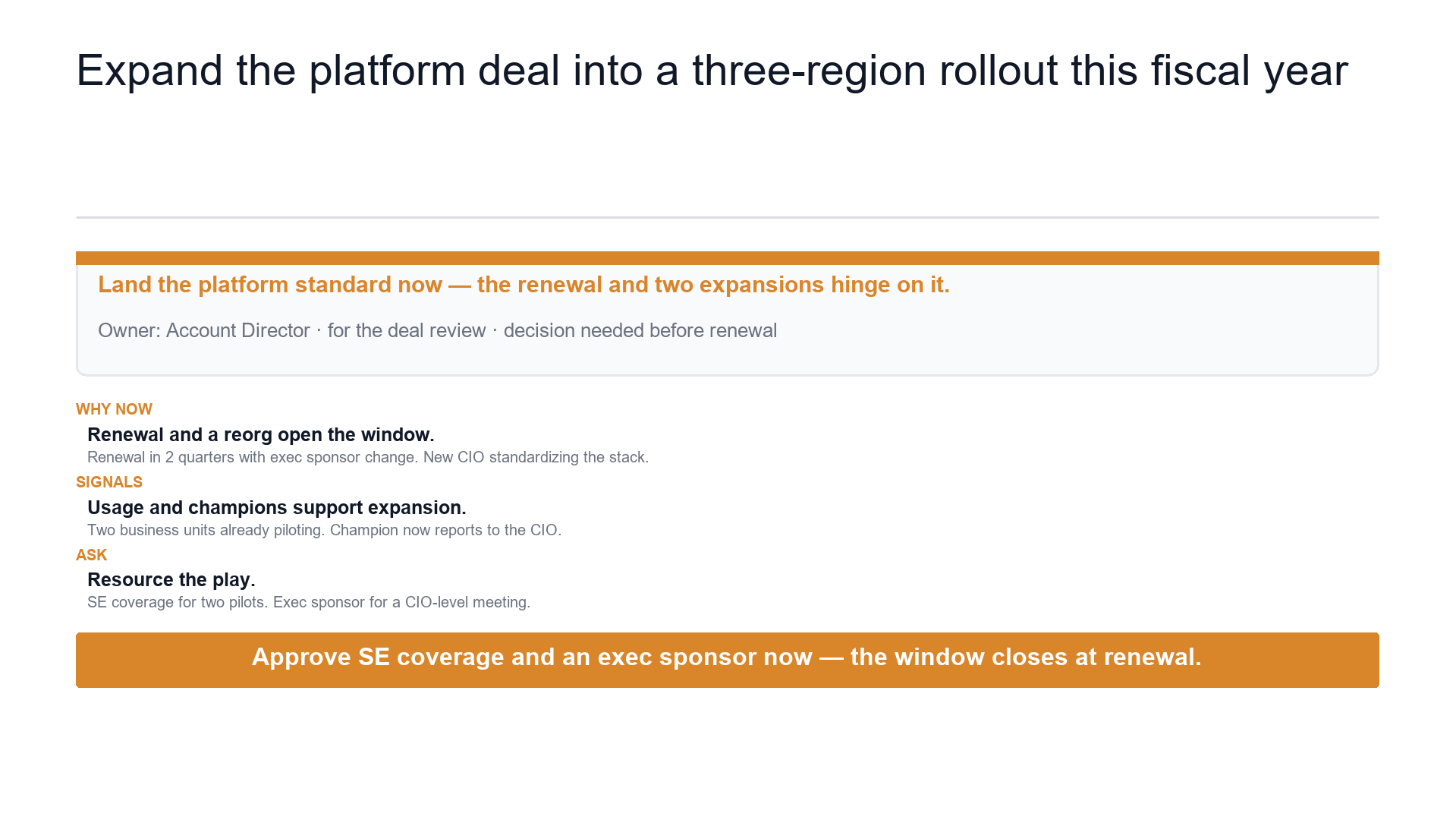 Account plan summary — the play and the ask slide template preview